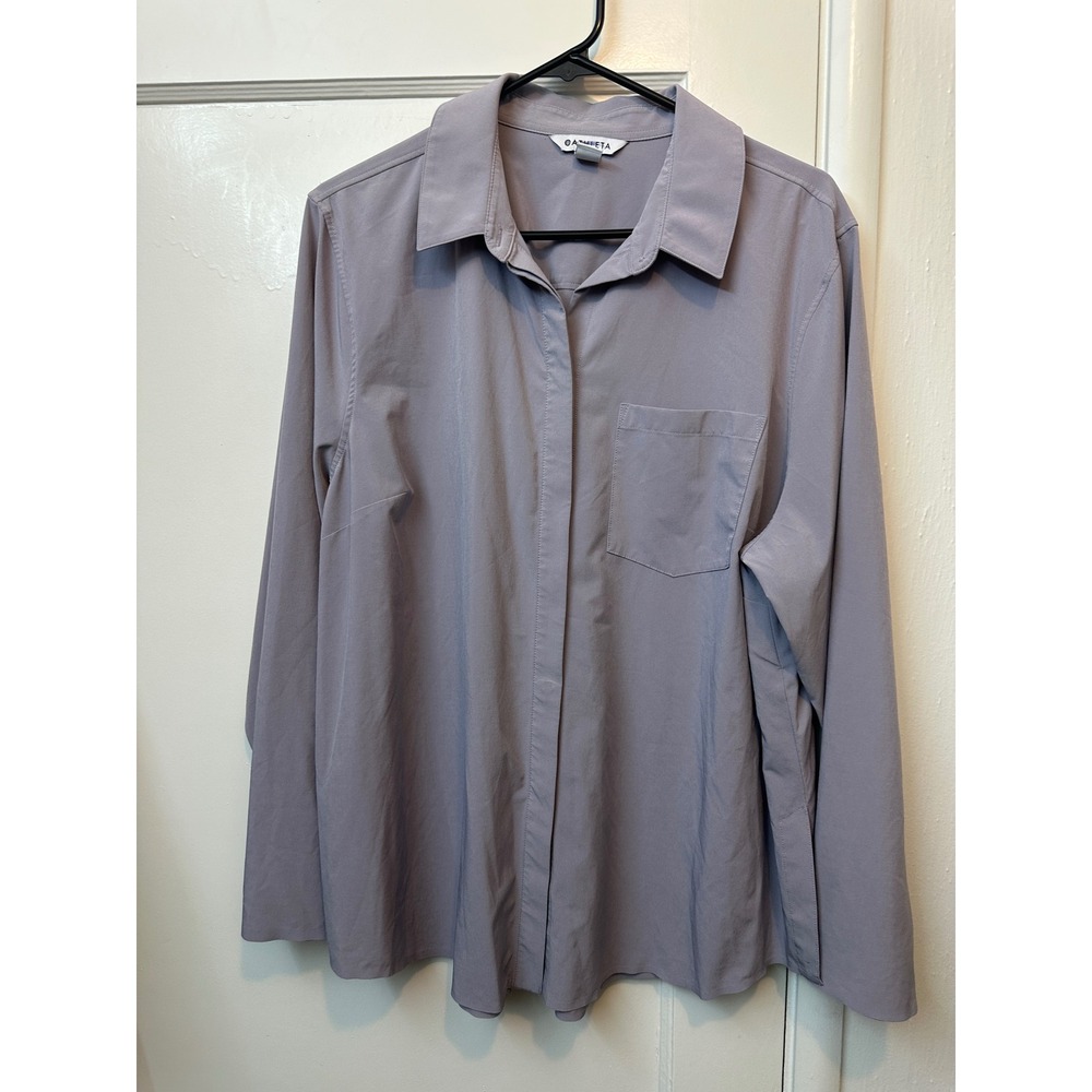 Athleta Womens Lavender Grey Long Sleeve Button Down Stretch Shirt 1X Plus Size